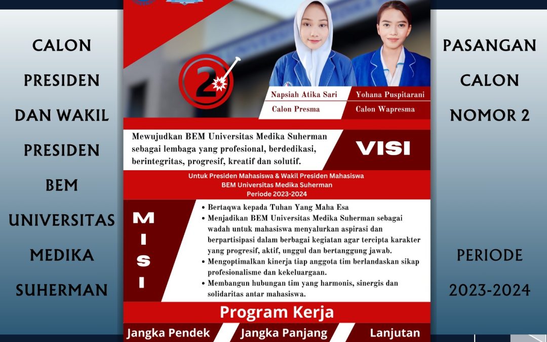 CALON PRESIDEN DAN WAKIL PRESIDEN BEM UNIVERSITAS MEDIKA SUHERMAN  PASLON NOMOR 2 : NAPSIAH ATIKA SARI DAN YOHANA PUSPITARANI