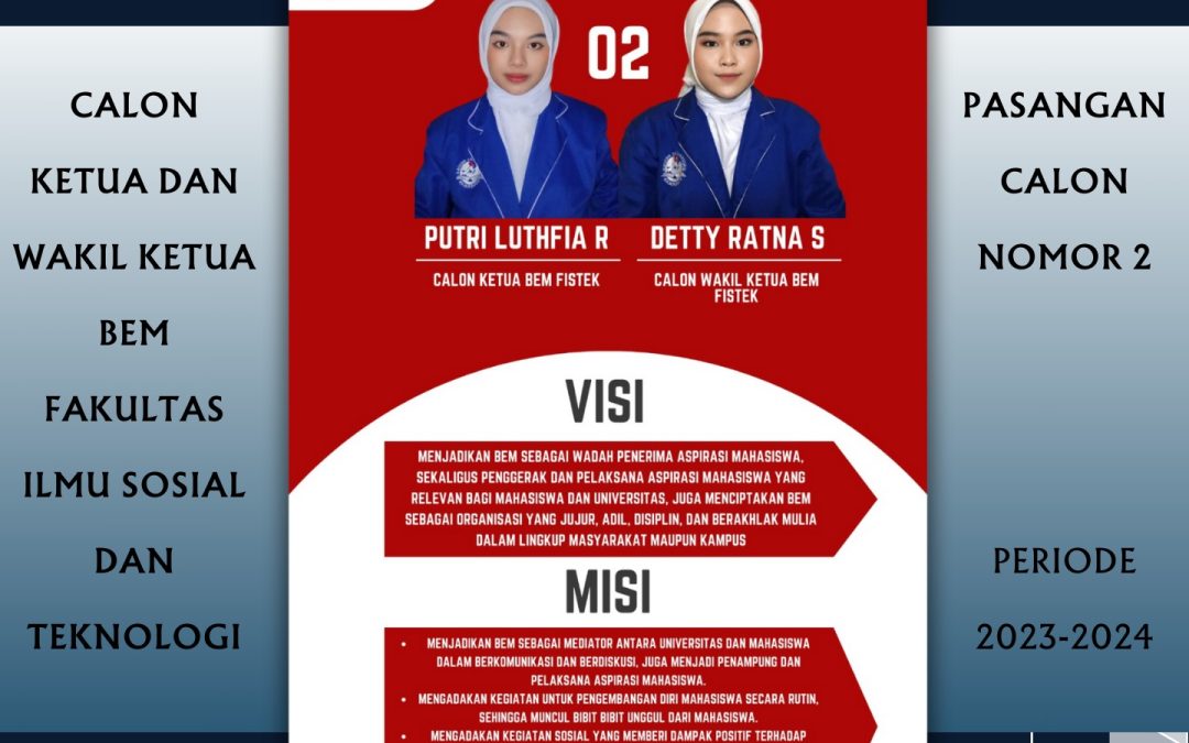 CALON KETUA DAN WAKIL KETUA BEM FAKULTAS ILMU SOSIAL DAN TEKNOLOGI  PASLON NOMOR 2 : PUTRI LUTHFIA R DAN DETTY RATNA S