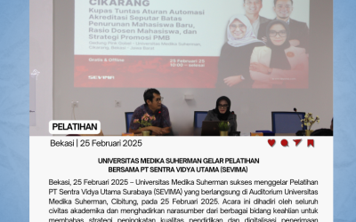 Universitas Medika Suherman Gelar Pelatihan bersama PT Sentra Vidya Utama Surabaya (SEVIMA) yang bertemakan “Kupas Tuntas Aturan Automasi Akreditasi seputar Batas Penurunan Mahasiswa Baru, Rasio Dosen Mahasiswa, dan Strategi, dan Strategi Promosi PMB”